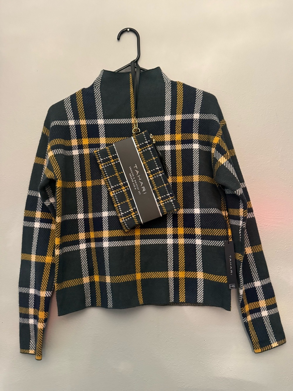 Tahari Dark Green Plaid Mock Neck Sweater with matching wristlet.
